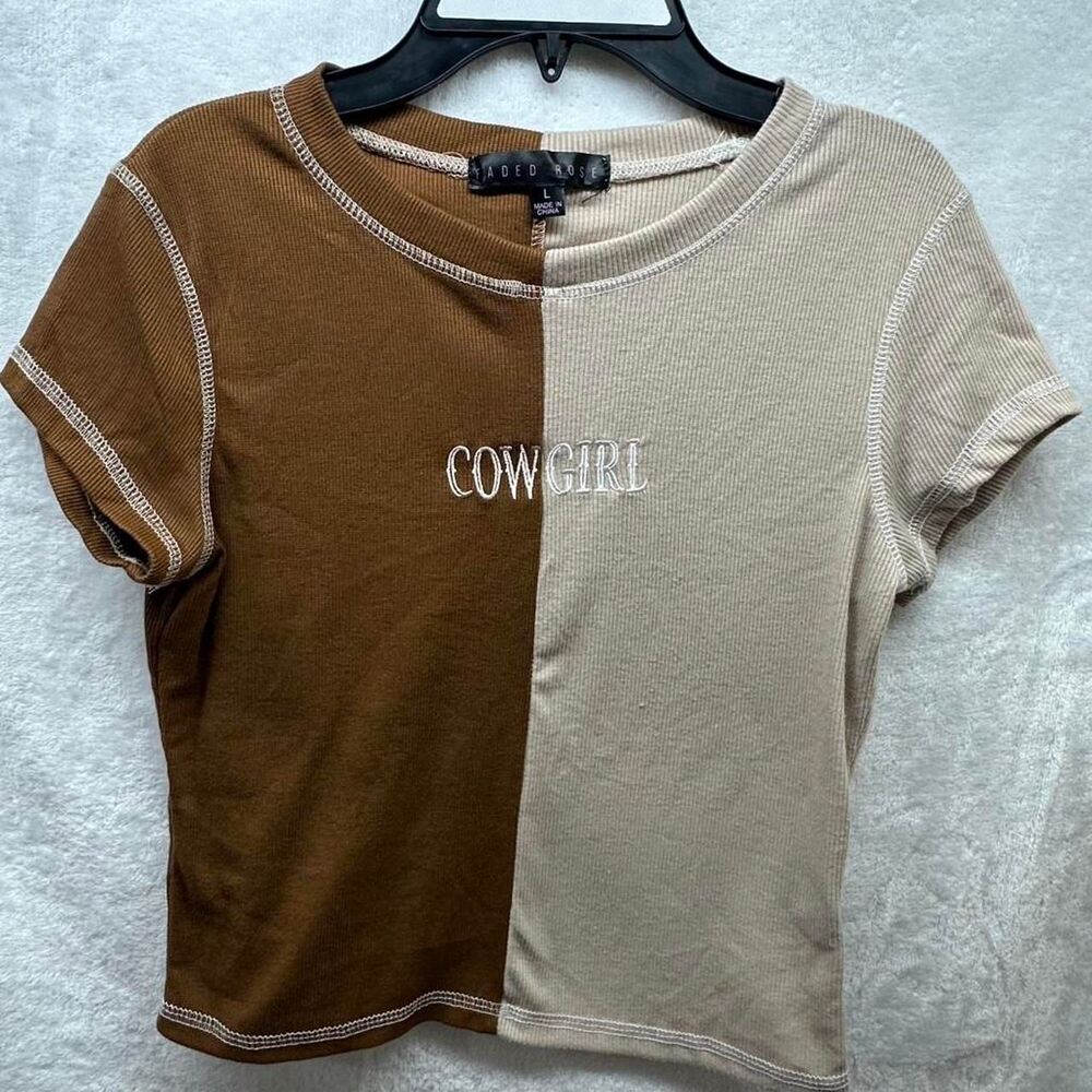 Cowgirl Split Color Ribbed Crop Top Brown Tan Y2K Western Baby Tee
